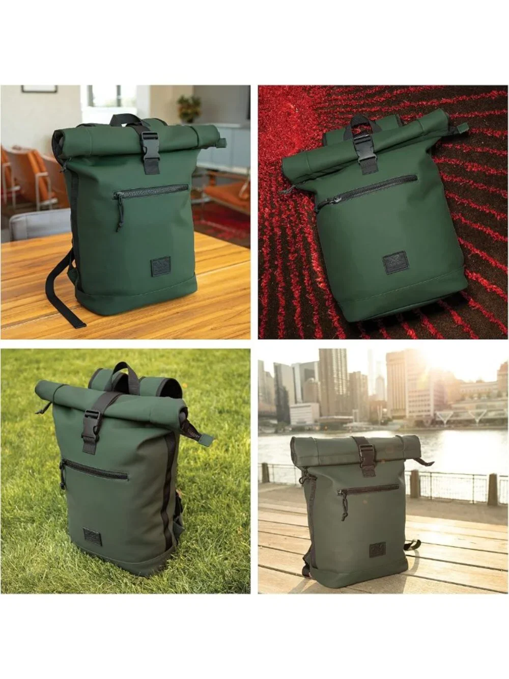 Expandable Roll Top Laptop Backpack, PU Leather, Adjustable 22L Capacity, Fits